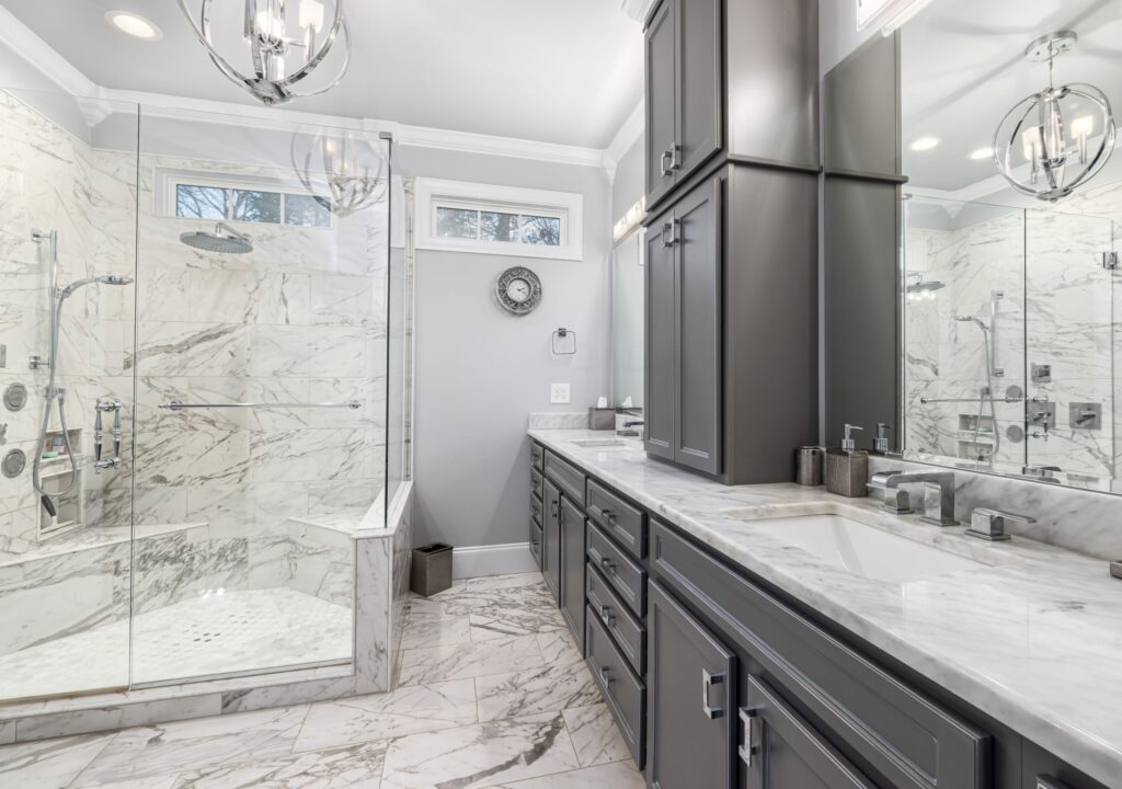 Modern bathroom with spotless vanity showcasing results of professional home cleaning services