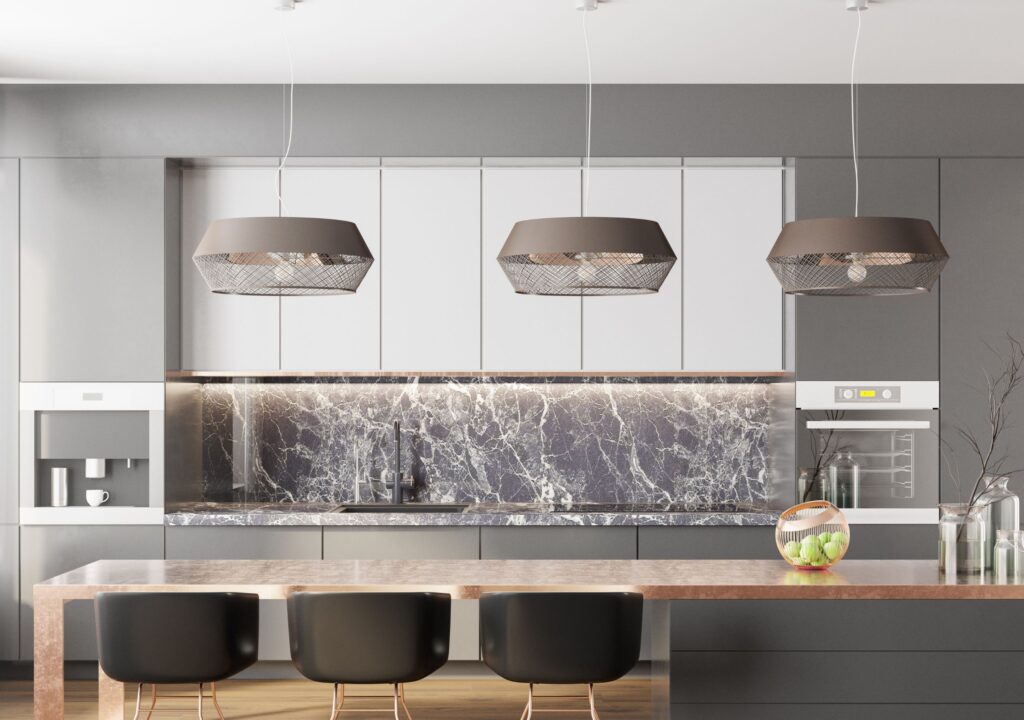 Modern kitchen interior with marble backsplash lights maintained by professional cleaning services Hackensack, NJ